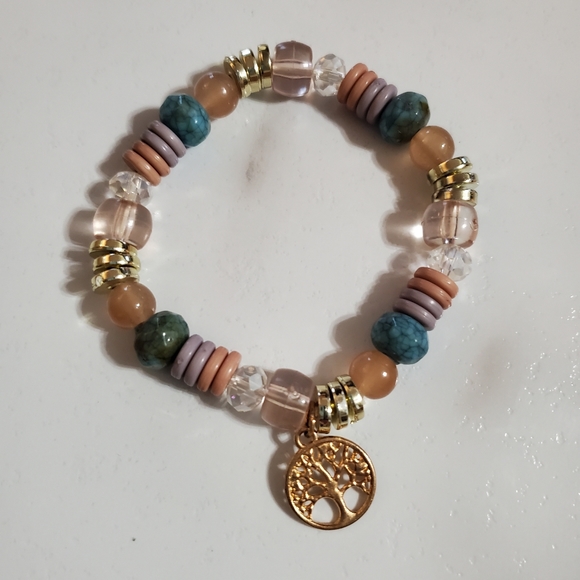 Multi-color beads gold tone Tree of Life Charm Stretch Bracelet - Picture 7 of 11